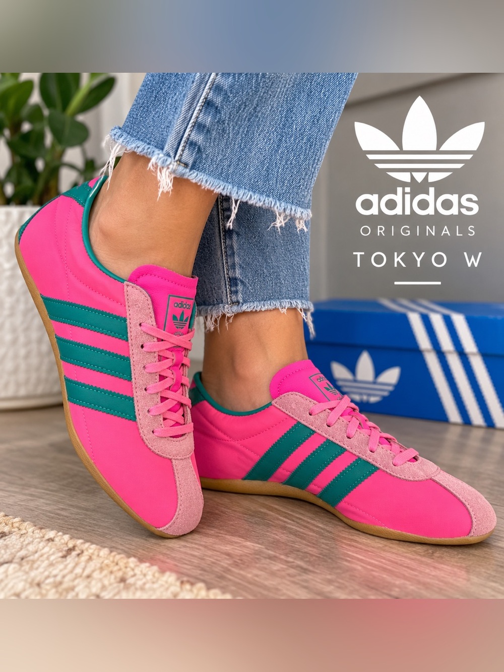 adidas Women's Tokyo W Hot Pink Sneakers w/ Power Green Stripes- size 9